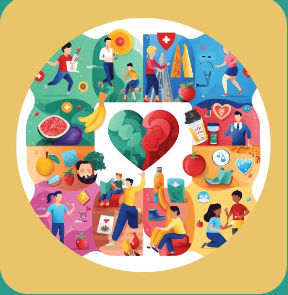 Illustrated collage of public health themes
